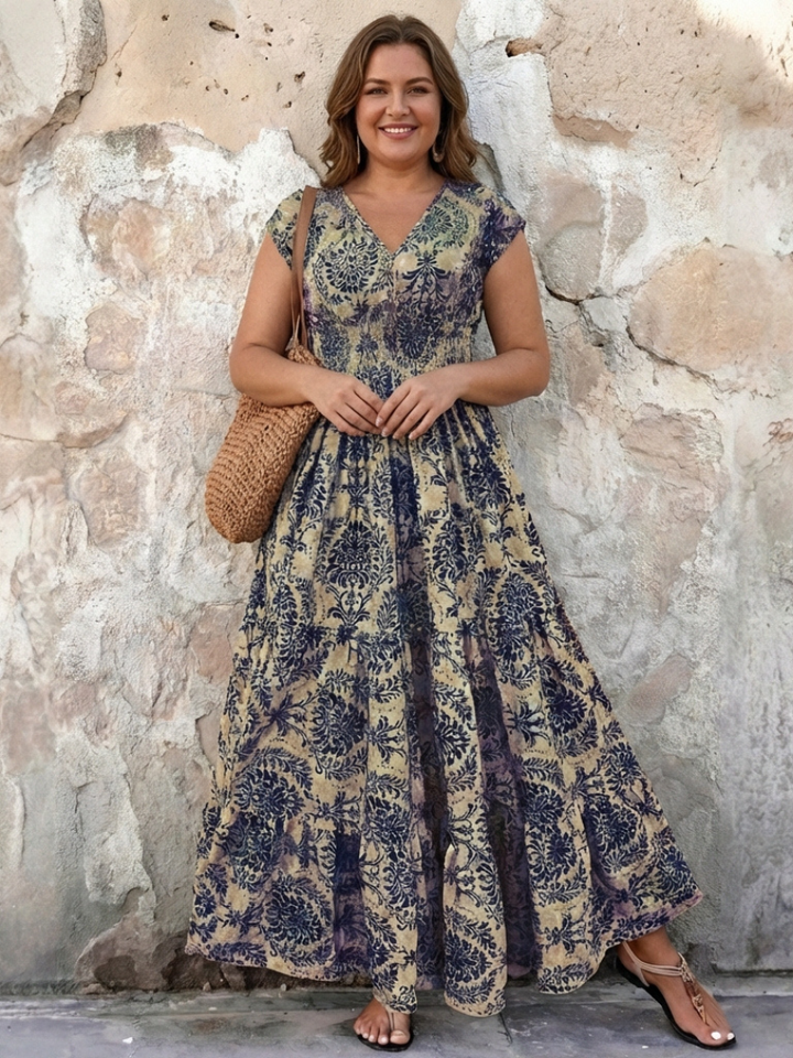Elegant women's bohemian maxi dress, V-neck, cap sleeves. Ideal comfy summer dress or special occasion wear.