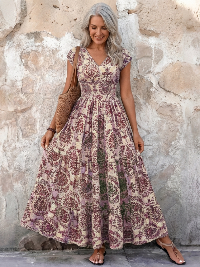 Beautiful women's elegant bohemian maxi dress. Features V-neck, cap sleeves & tiered skirt. Perfect for events.