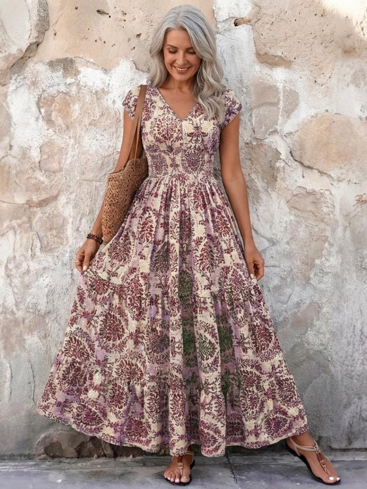 Beautiful women's elegant bohemian maxi dress. Features V-neck, cap sleeves & tiered skirt. Perfect for events.