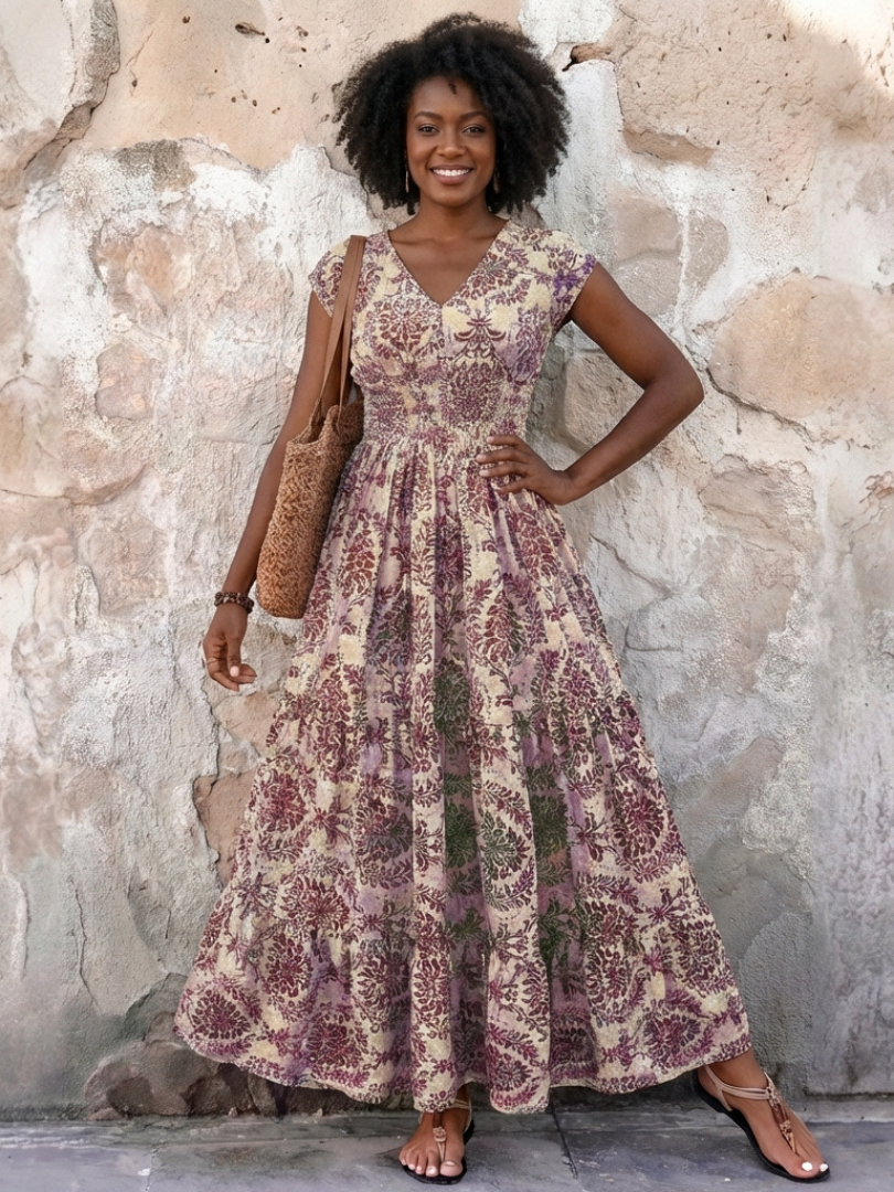 Casual women's cap sleeve V-neck bohemian maxi dress. Comfy, flowing design ideal for summer or day wear.