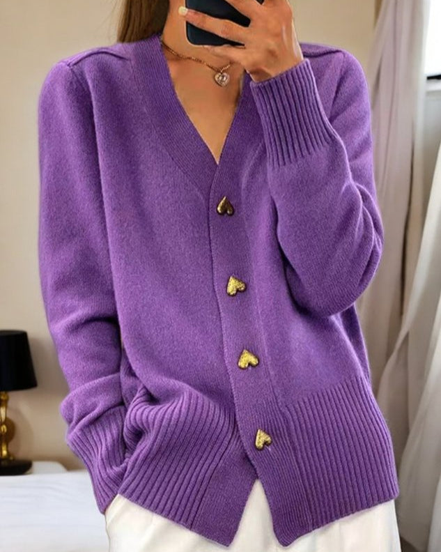 Ribbed knit V-neck cardigan for women, featuring adorable heart-shaped buttons. Long sleeve & button-down for chic style.