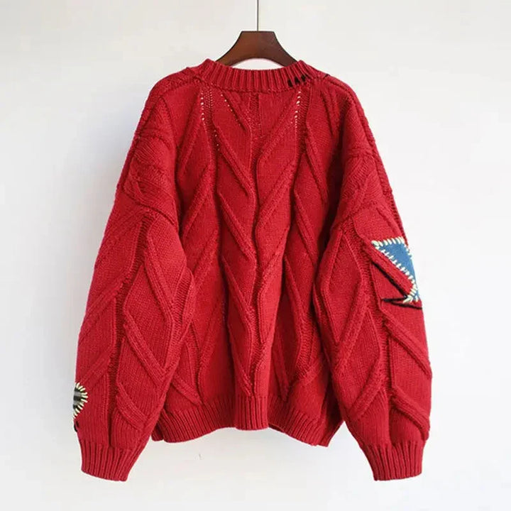 Cozy women's V-neck long-sleeve cardigan with unique patchwork embroidery, ideal for autumn/winter layering.