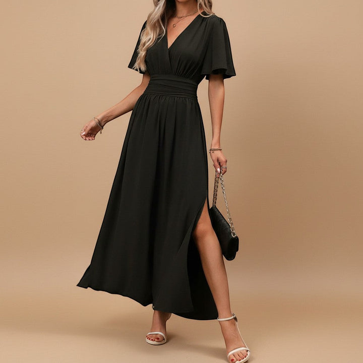 Women's V-neck flutter sleeve maxi dress with defined waist.