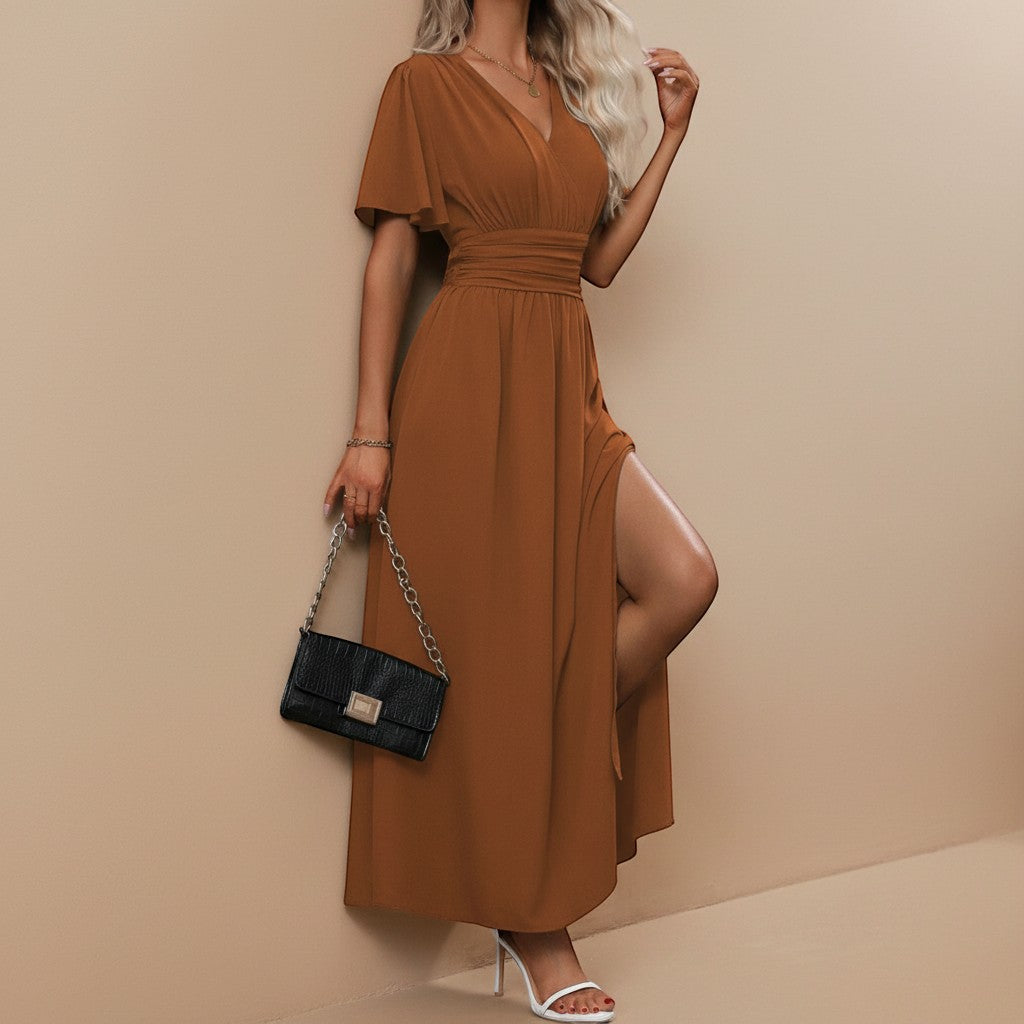Comfortable & stylish women's V-neck maxi dress, flowy with flutter sleeves & defined waist.