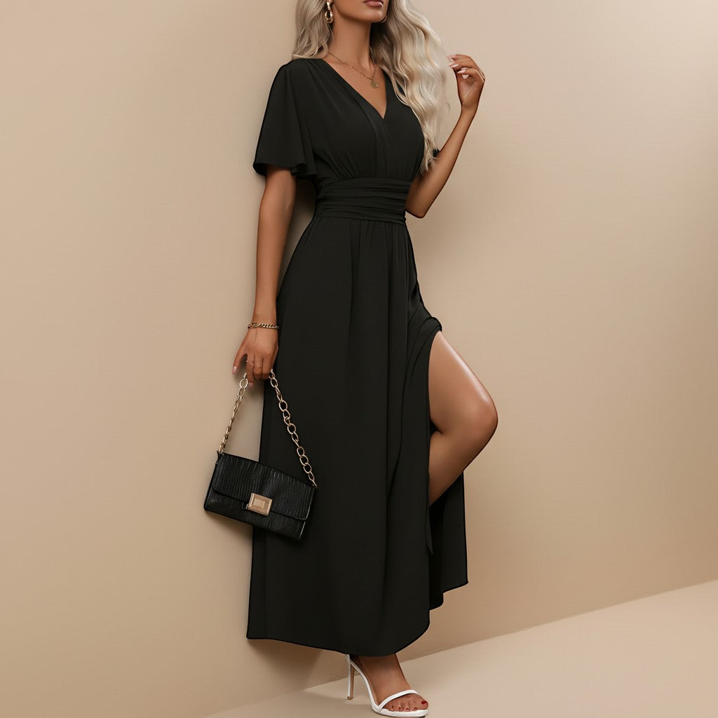 Flowy V-neck maxi dress for women, featuring stylish flutter sleeves.