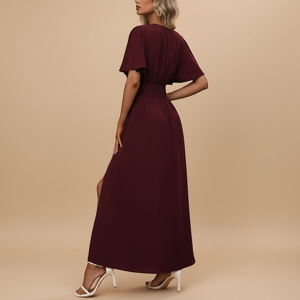 Stylish long V-neck maxi dress with flutter sleeves for women, comfortable & flowy.