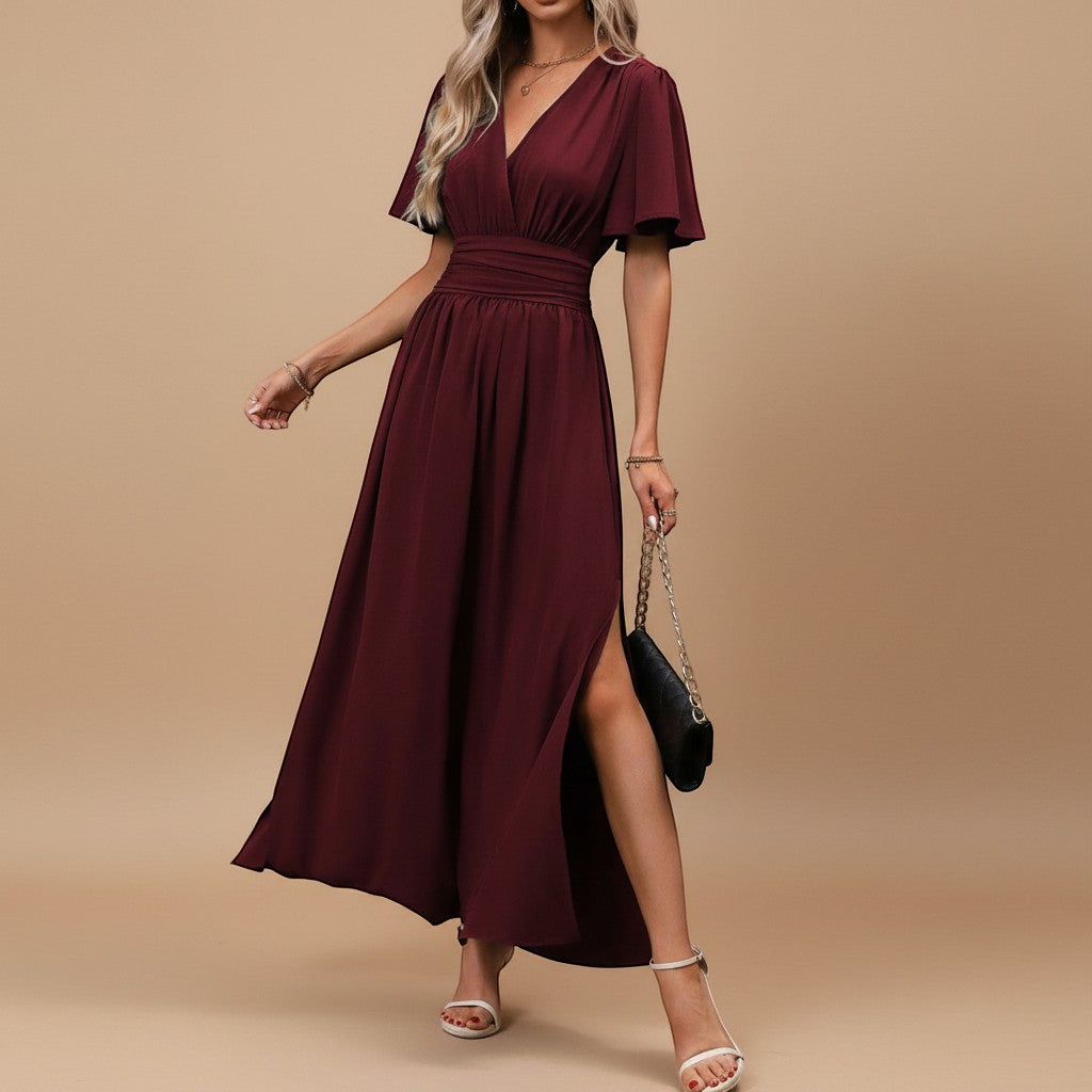 Sophisticated women's V-neck maxi dress with flutter sleeves & defined waist, for special occasions.