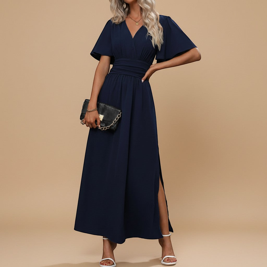Flattering women's V-neck maxi dress with a defined waist and elegant flutter sleeves.