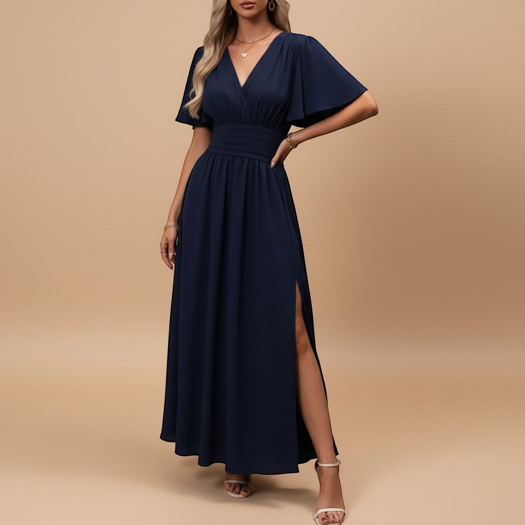 Women's flowy V-neck maxi dress with flutter sleeves, ideal for evening events & parties.