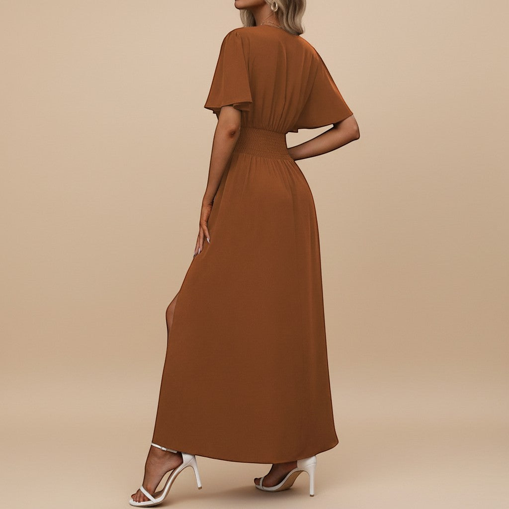 Beautiful women's long V-neck dress, featuring elegant flutter sleeves and a defined waistline.