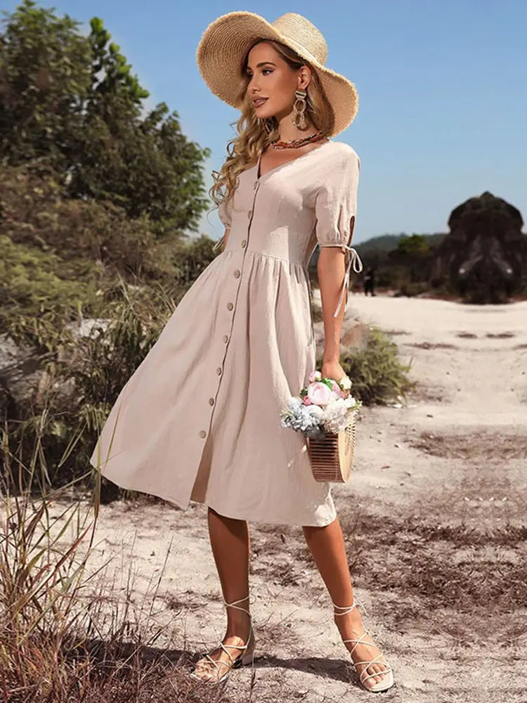 Stylish black V-neck spring summer dress for women, knee-length, short sleeve, perfect for casual everyday wear.