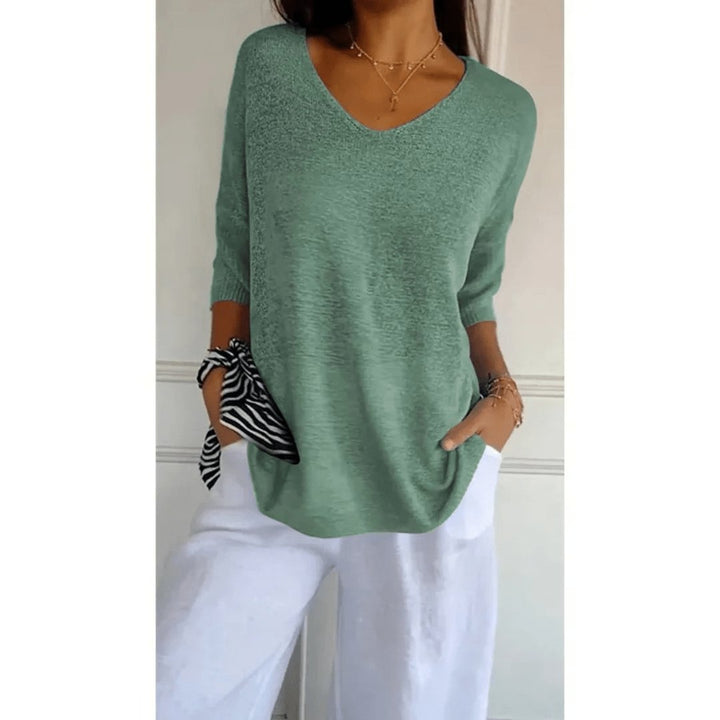Versatile women's V-neck 3/4 sleeve linen blouse. Great for casual wear, office style, spring & summer.