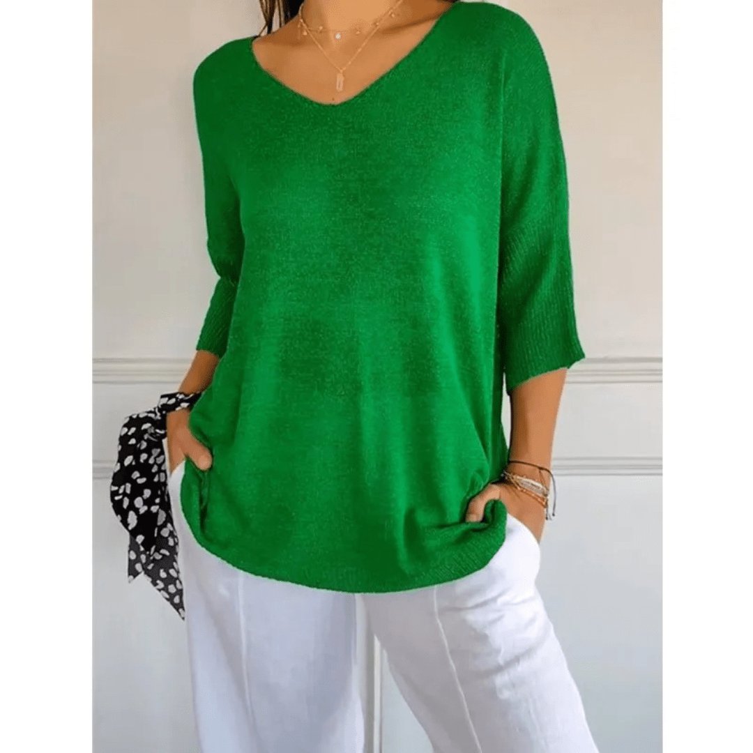 Women's V-neck linen top with 3/4 sleeves. Relaxed fit blouse for comfortable casual & office wear.