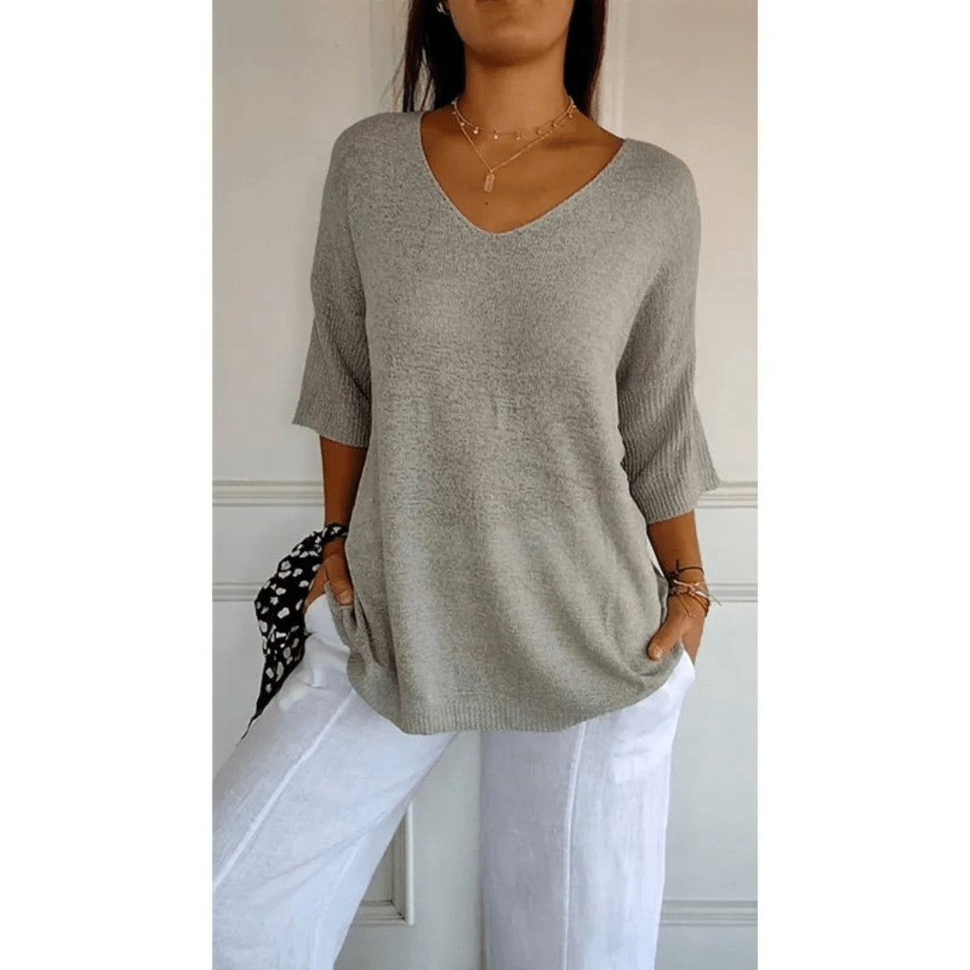 Women's V-neck linen blouse with 3/4 sleeves. Casual & elegant relaxed fit top for any occasion.
