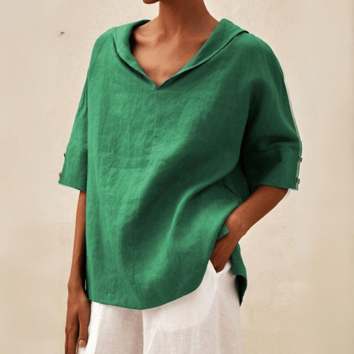 Women's V-neck linen tunic blouse with collar. Oversized relaxed fit for summer casual wear.