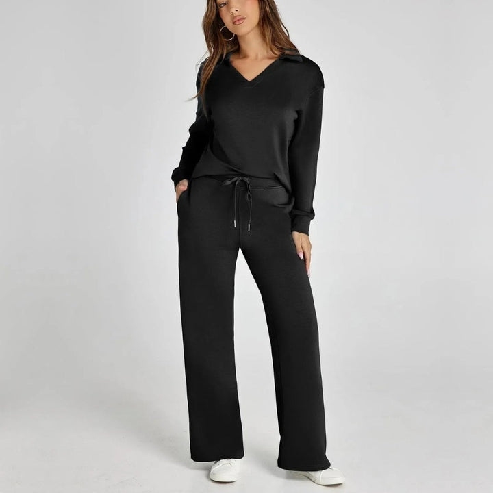 Cozy women's V-neck long sleeve loungewear set. Perfect wide leg trousers for chilling at home.