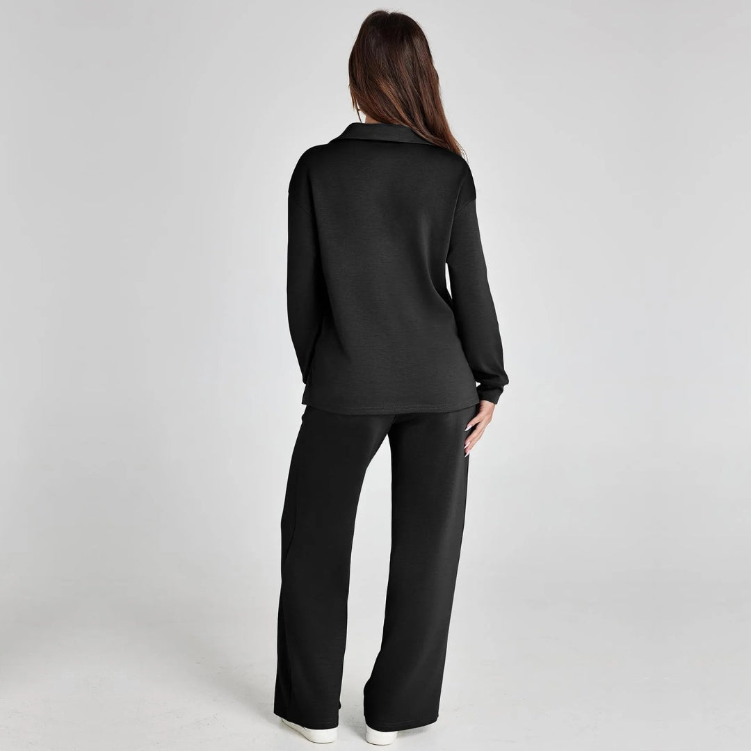 Fashionable women's V-neck long sleeve and wide leg trousers matching loungewear for daily comfort.