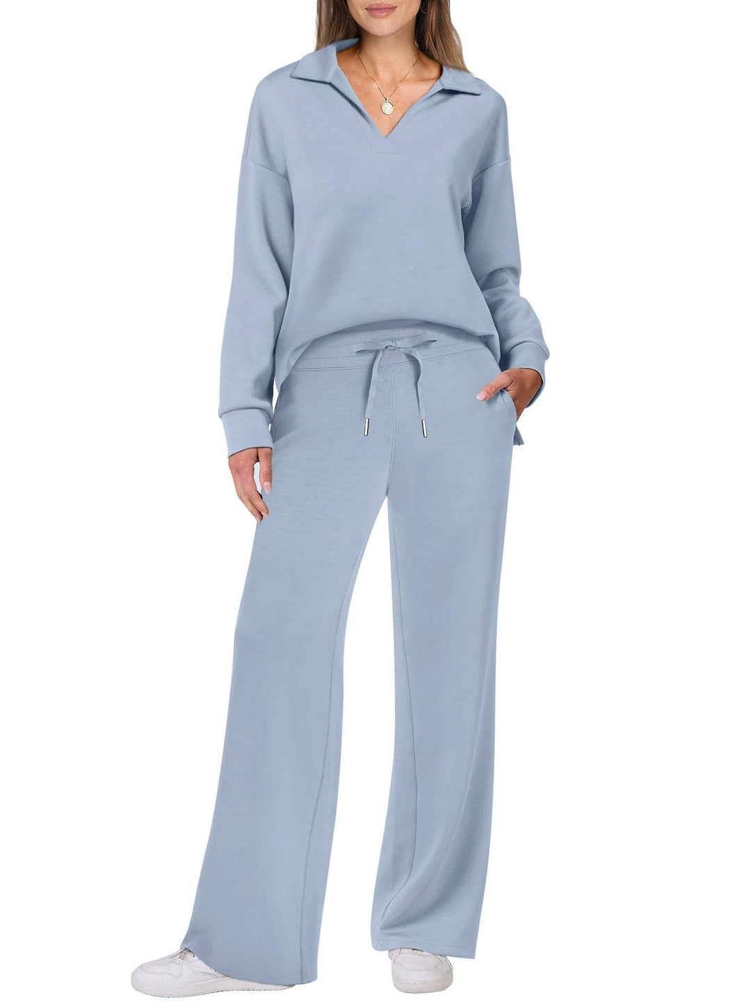 Versatile women's V-neck long sleeve two-piece loungewear set with trendy wide leg trousers.