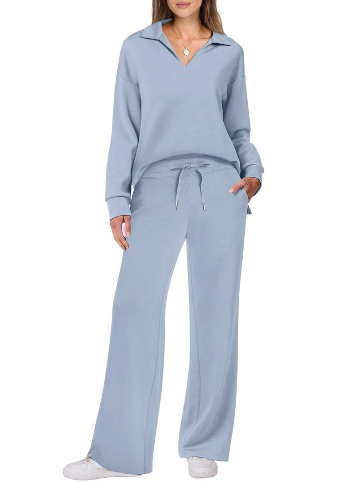 Versatile women's V-neck long sleeve two-piece loungewear set with trendy wide leg trousers.
