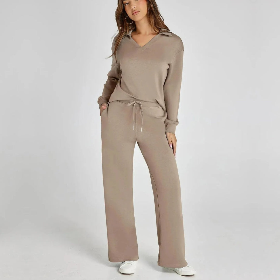 Casual women's two-piece loungewear set. Featuring a V-neck long sleeve top and wide leg pants.