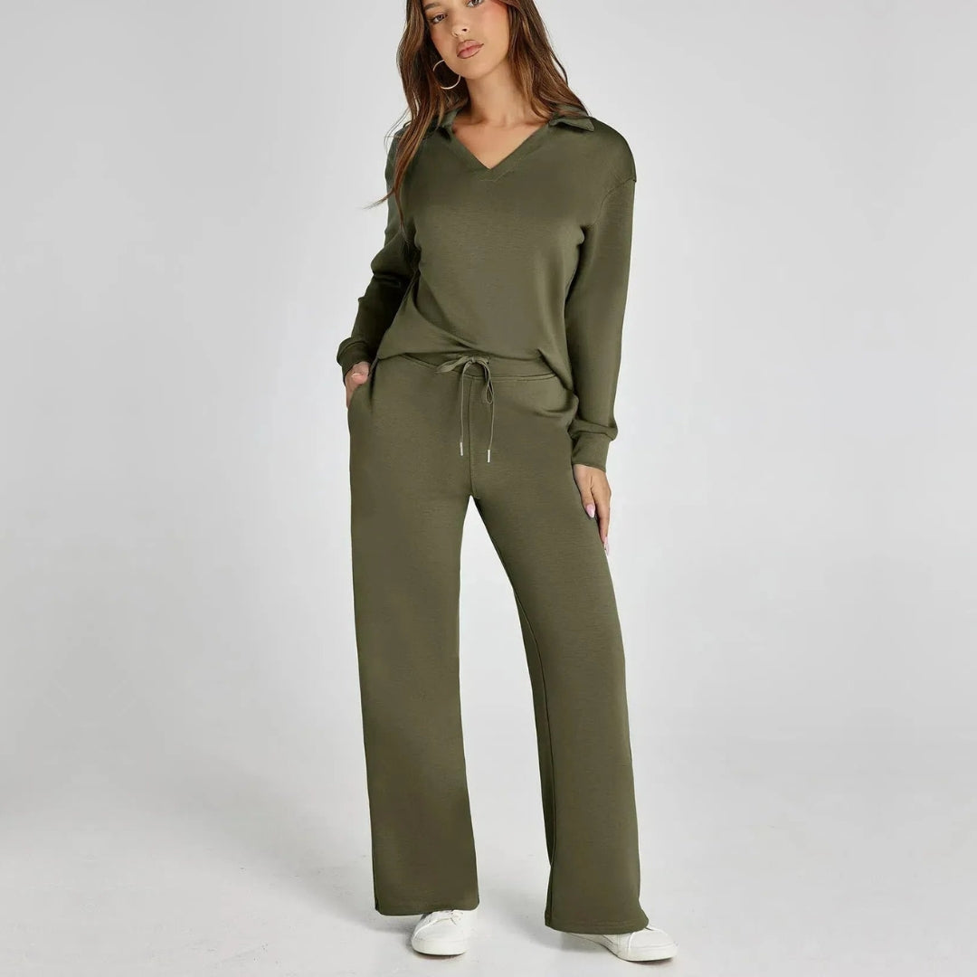 Women's long sleeve V-neck top, part of a comfy loungewear set with wide leg trousers.