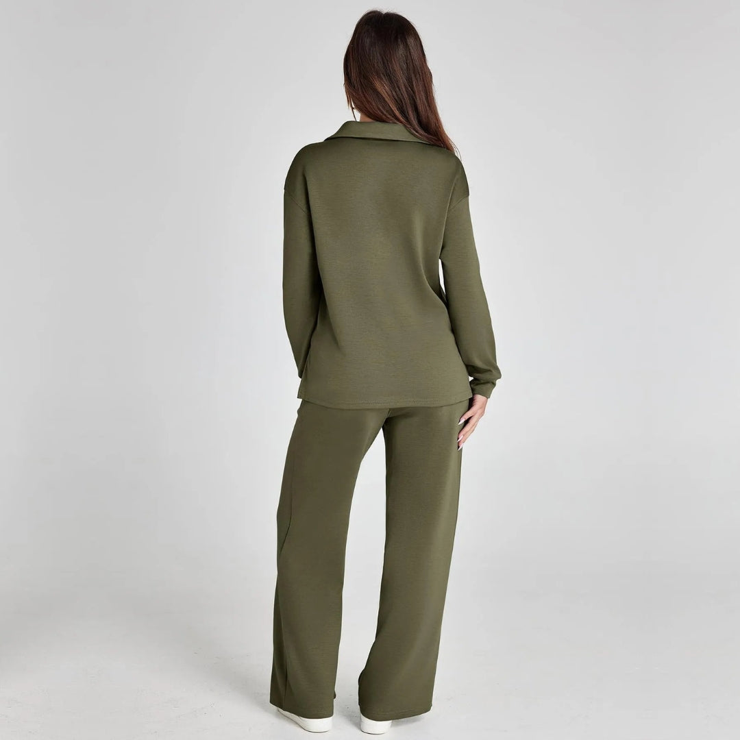 Wide leg trousers for women's loungewear set. Paired with a matching V-neck long sleeve top.