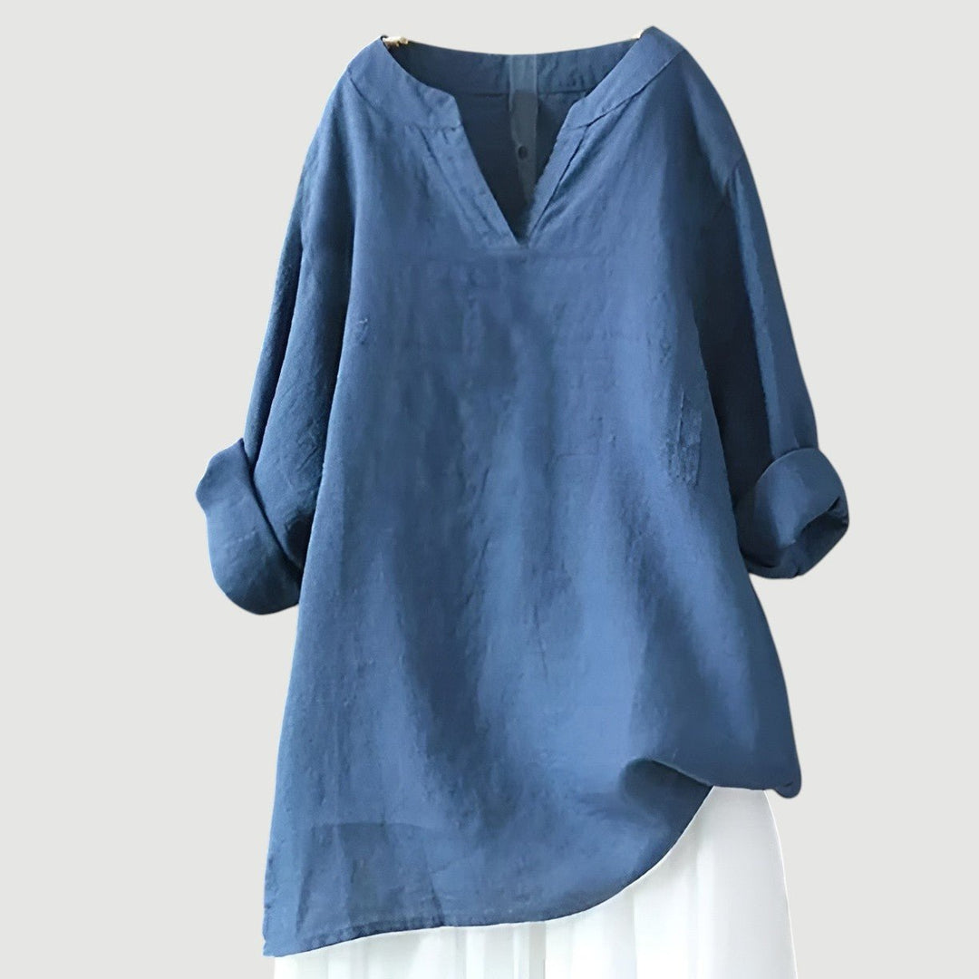 Women's V-neck loose fit linen tunic. Comfortable long sleeve casual top for versatile everyday wear.
