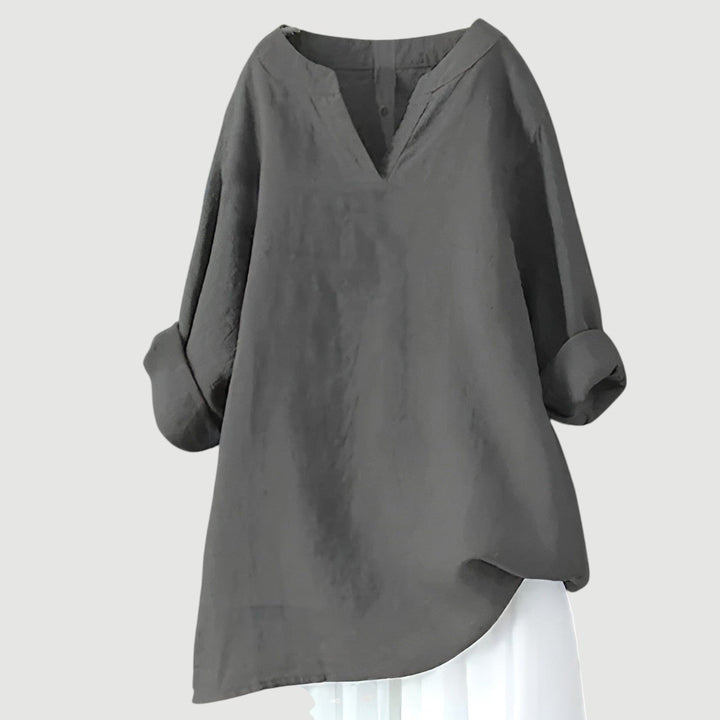 Women's casual v-neck linen tunic. Loose fit, long sleeve comfortable top for relaxed everyday style.