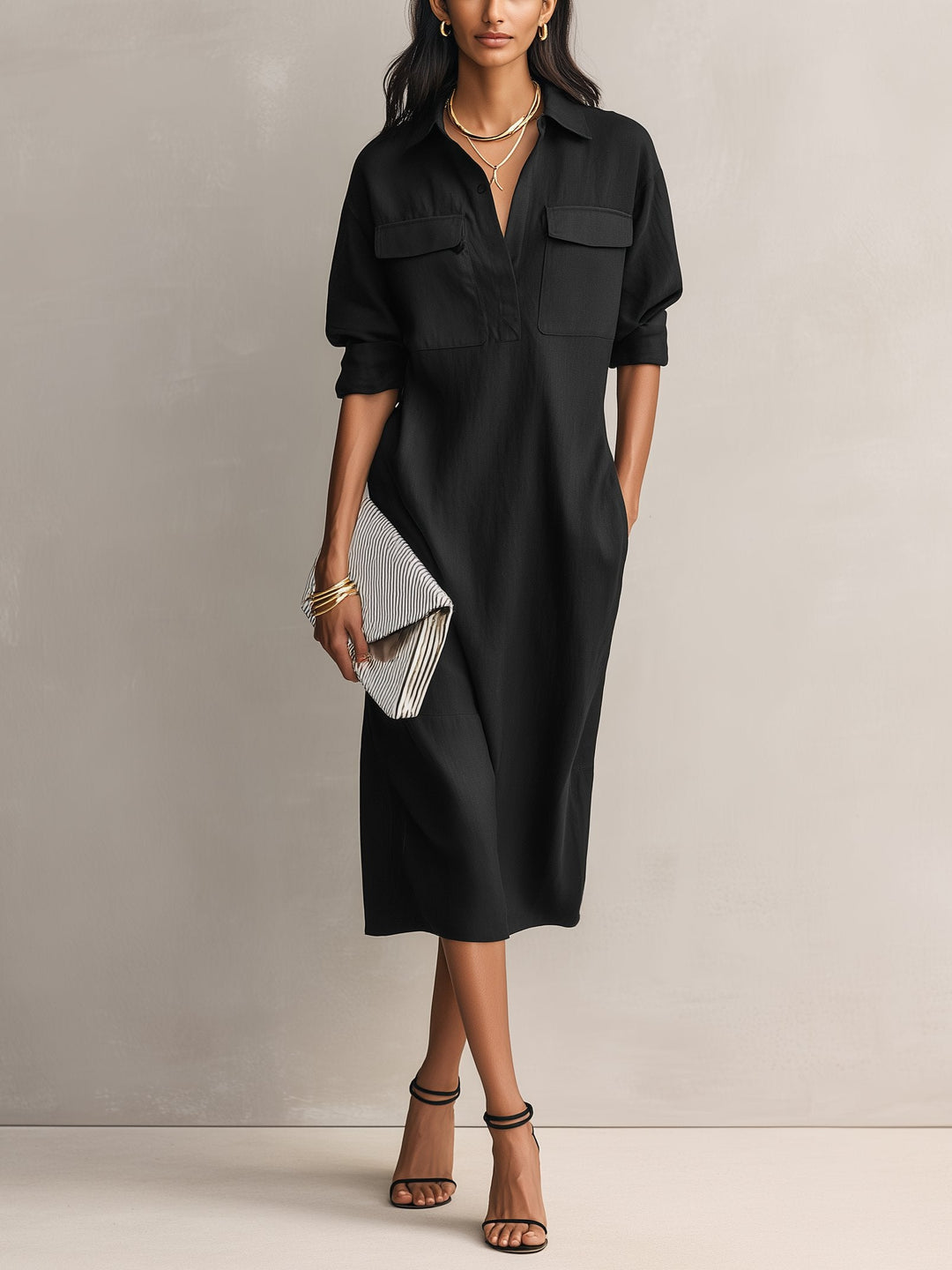 Women's V-neck midi shirt dress with elbow sleeves, perfect for casual or office wear, featuring a comfortable and elegant design.