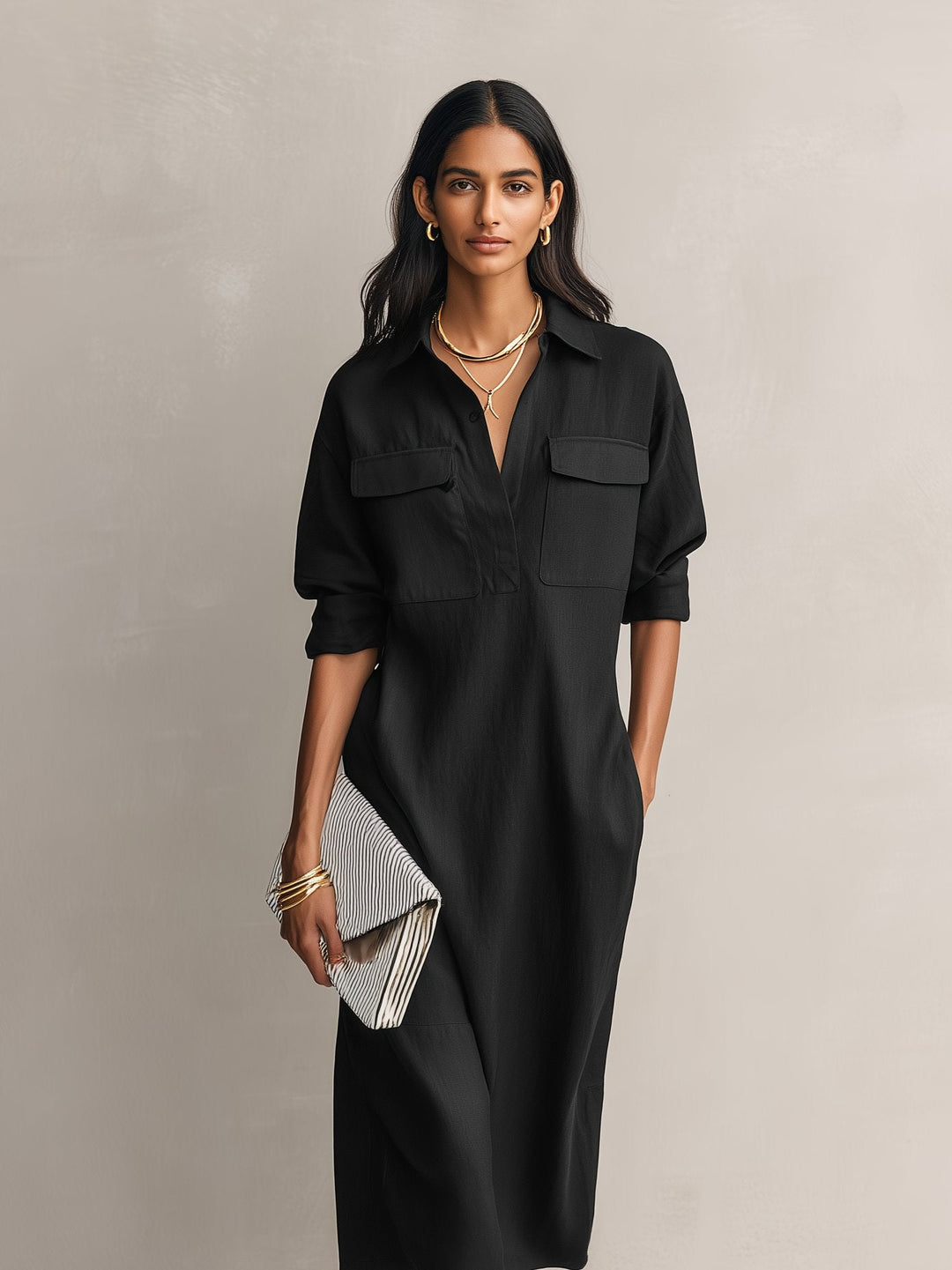 Stylish women's midi shirt dress with V-neck and pockets, versatile for everyday style, spring fashion, or summer comfort.