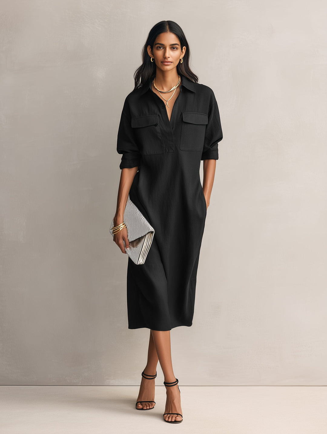 Effortless women's V-neck midi shirt dress for ultimate comfort, suitable for casual wear or as elegant office attire.