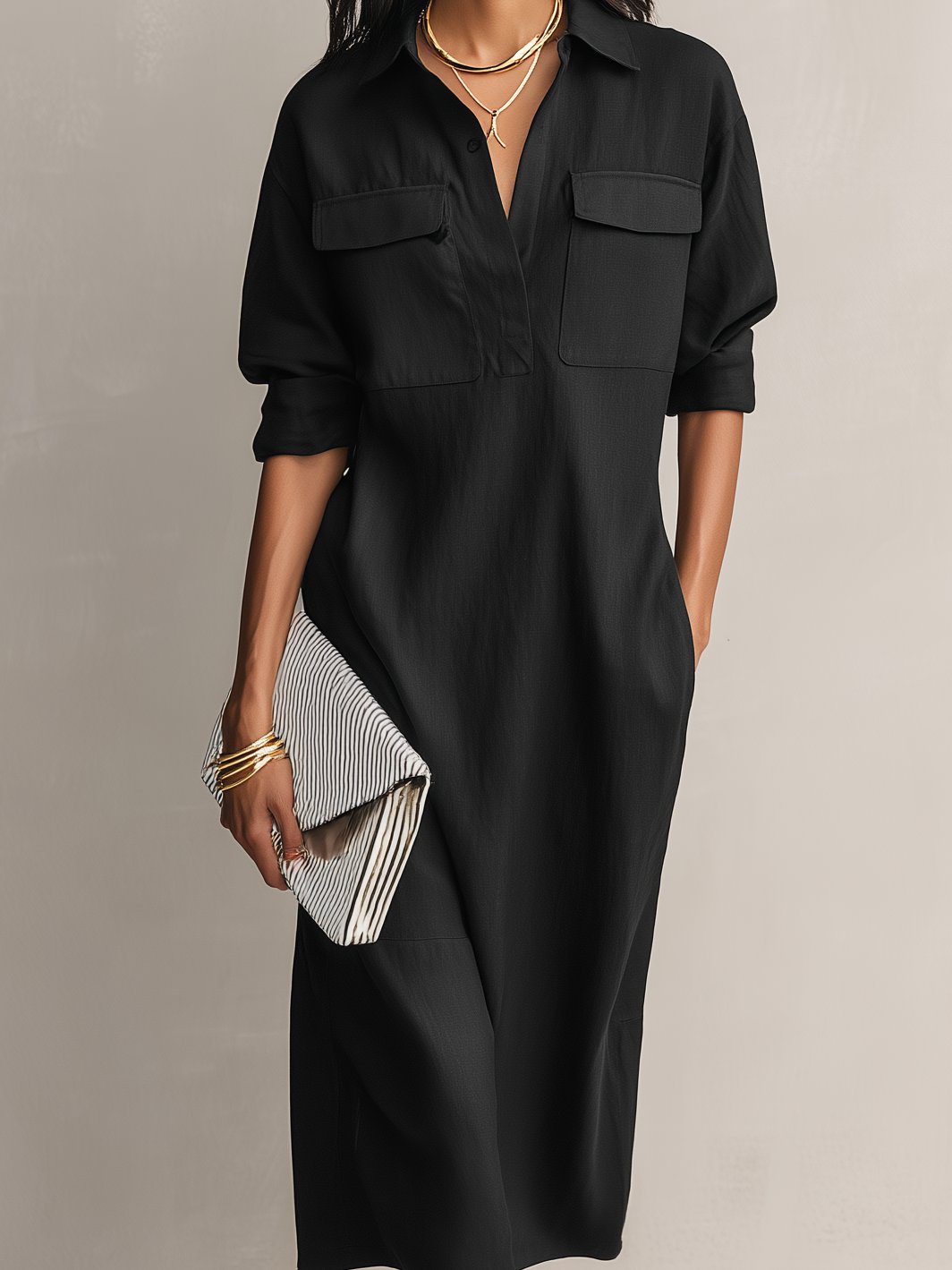 Chic women's V-neck midi dress, a versatile shirt dress with elbow sleeves, ideal for spring and summer fashion.
