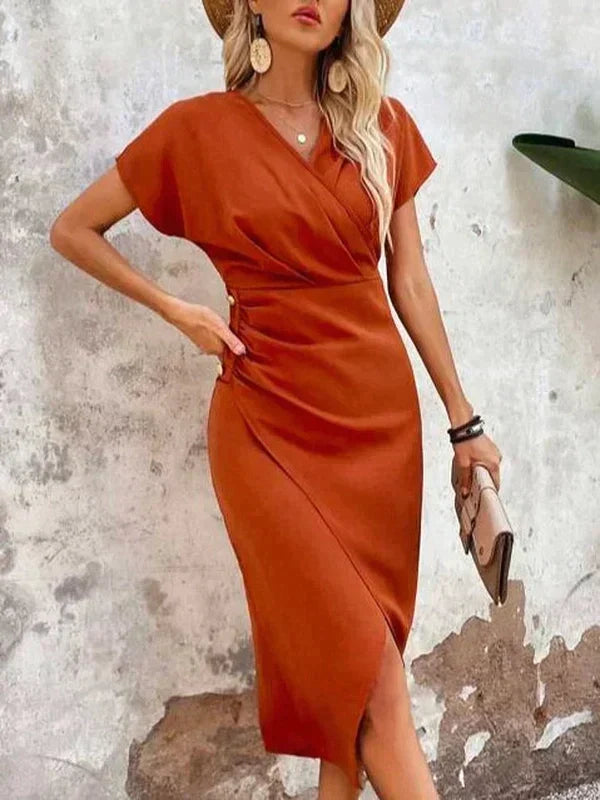 Stylish women's summer midi dress, V-neck design with a modern split detail. Great for day or evening wear.