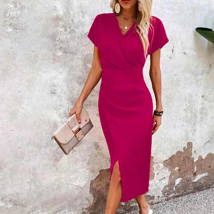 Fashionable women's V-neck mini dress. Short, casual, and chic, ideal for summer parties and versatile wear.