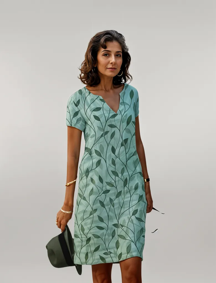 Women's V-neck mini dress with elegant leaf print. Perfect casual summer or spring short-sleeve patterned dress.