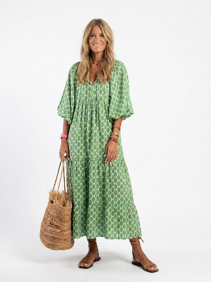 Women's V neck patterned midi dress with three-quarter sleeves for casual summer fashion. Flowy, comfortable style.