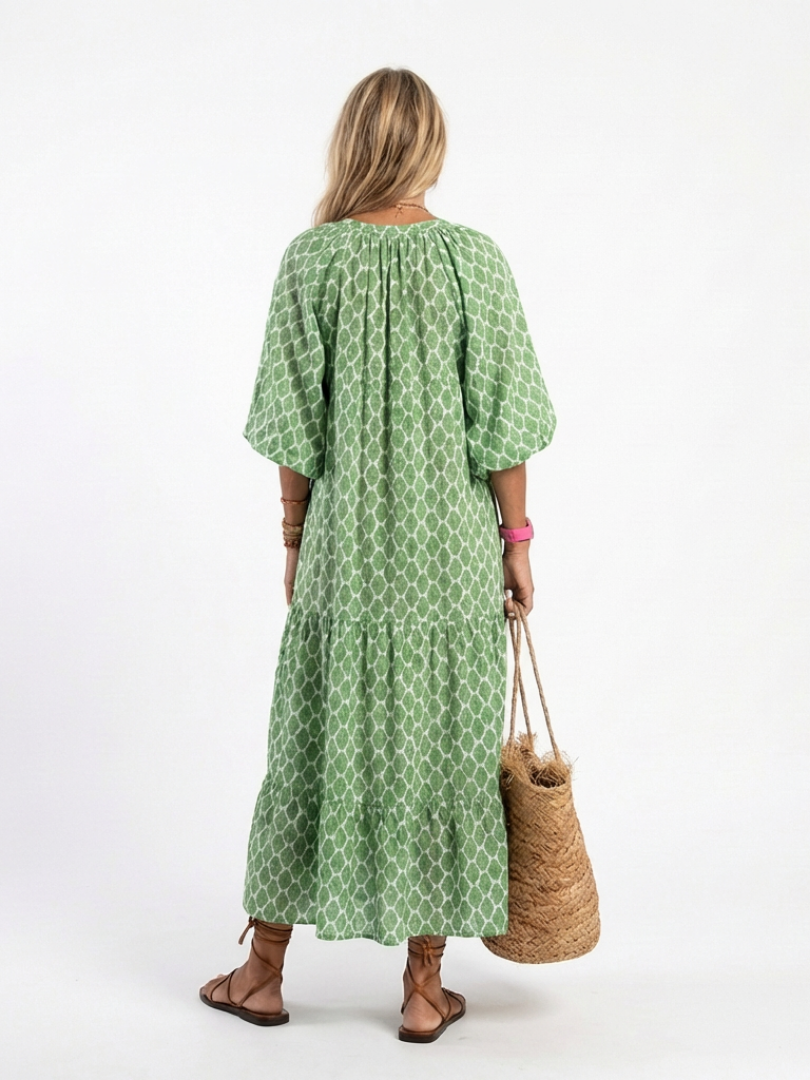 Green patterned V neck midi dress for women. Three-quarter sleeves, relaxed fit, and flowy design for summer.