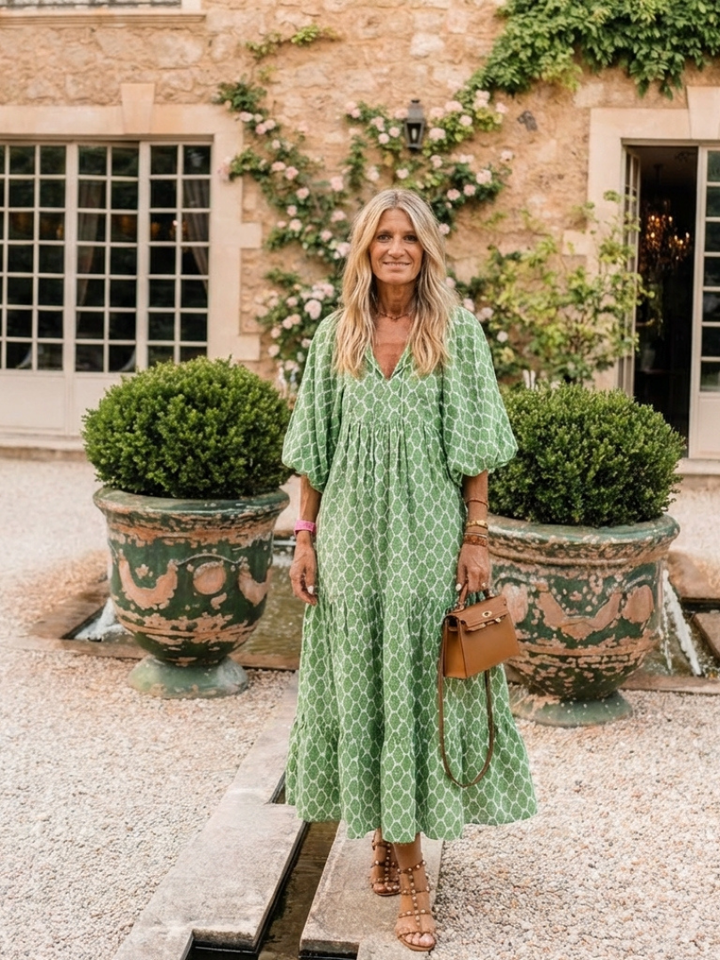 Casual women's patterned midi dress. V neck, three-quarter sleeves, relaxed fit, and tiered design for spring.