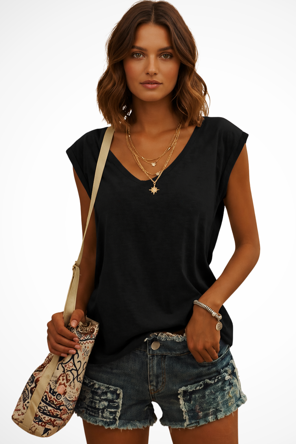 Fashionable women's relaxed fit V-neck cami. Sleeveless everyday top, a versatile summer layering piece.