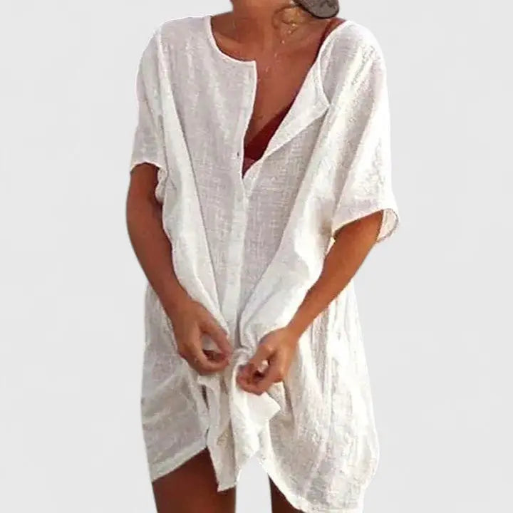 Comfortable women's V-neck relaxed fit summer tunic dress, an easy breezy casual style.