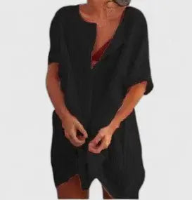 Elegant V-neck tunic dress for women, relaxed fit, ideal for casual summer sophistication.
