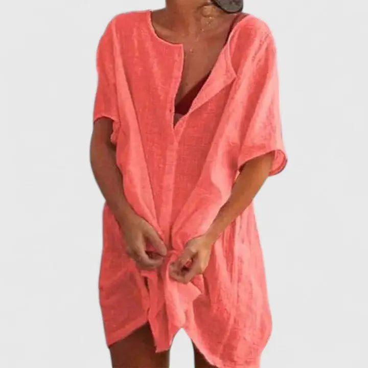 Lightweight V-neck summer tunic dress for women, offering a comfortable, breathable fit.