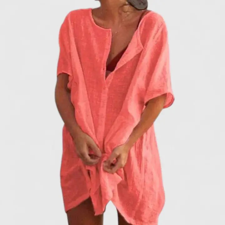 Stylish women's V-neck relaxed fit tunic dress, a versatile summer casual piece.