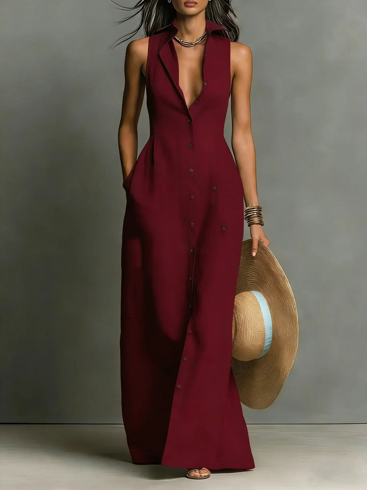 Elegant V-neck maxi shirt dress for women, featuring a stylish button-front design and flowing A-line cut.
