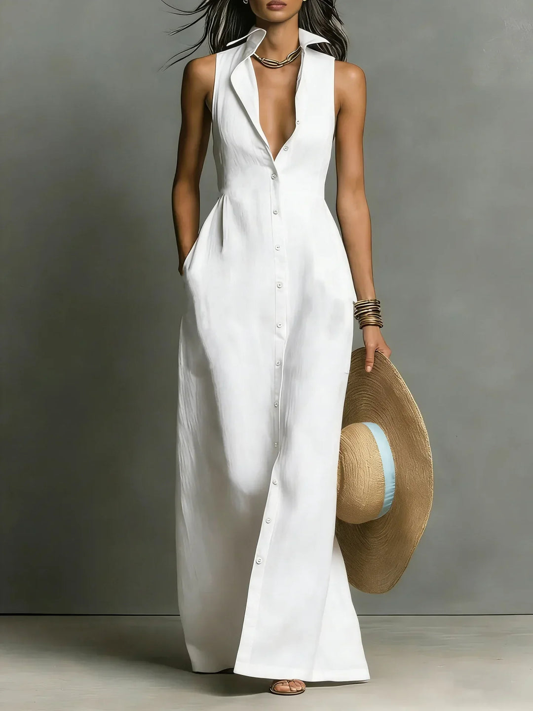 Comfortable A-line V-neck maxi dress for women, a versatile shirt dress style perfect for effortless summer fashion.