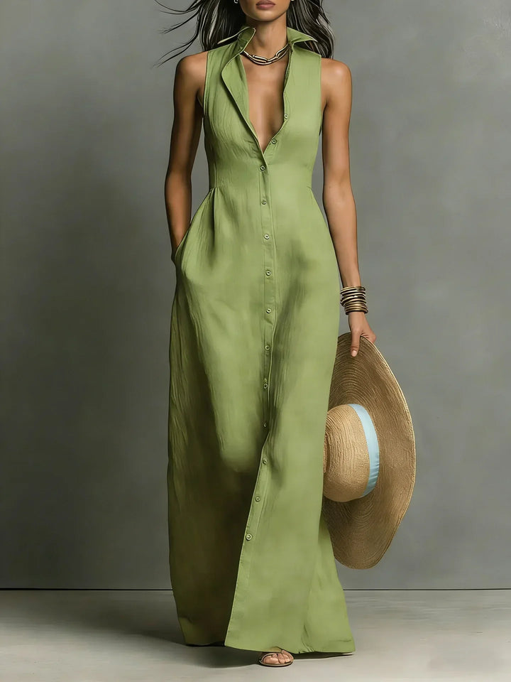 Versatile women's elegant V-neck maxi shirt dress, ideal for both casual outings and chic summer events.
