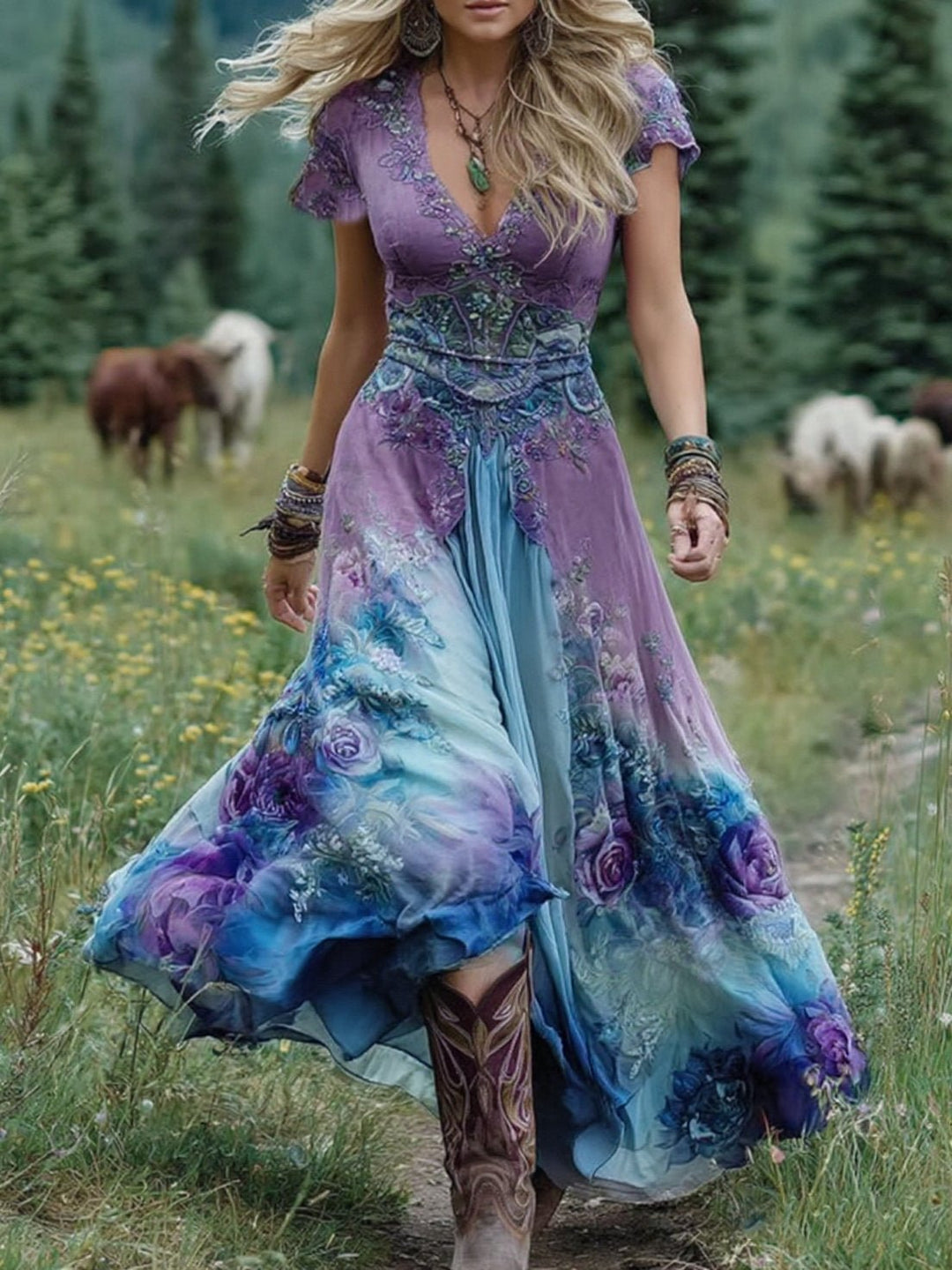 Women's V-neck short-sleeve purple floral maxi dress, perfect for elegant summer bohemian style.