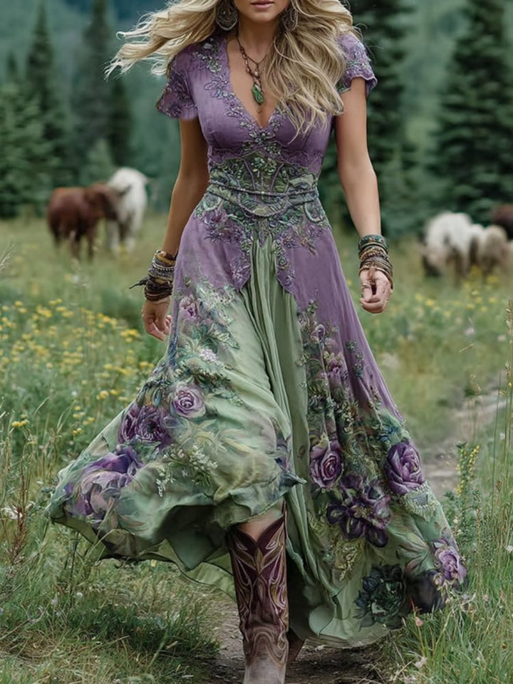 Elegant women's blue floral V-neck short-sleeve maxi dress, a chic bohemian choice for summer parties.