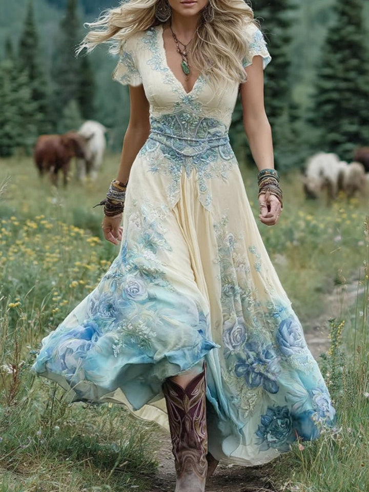 Stylish women's bohemian floral maxi dress with V-neck & short sleeves, ideal for spring & summer events.