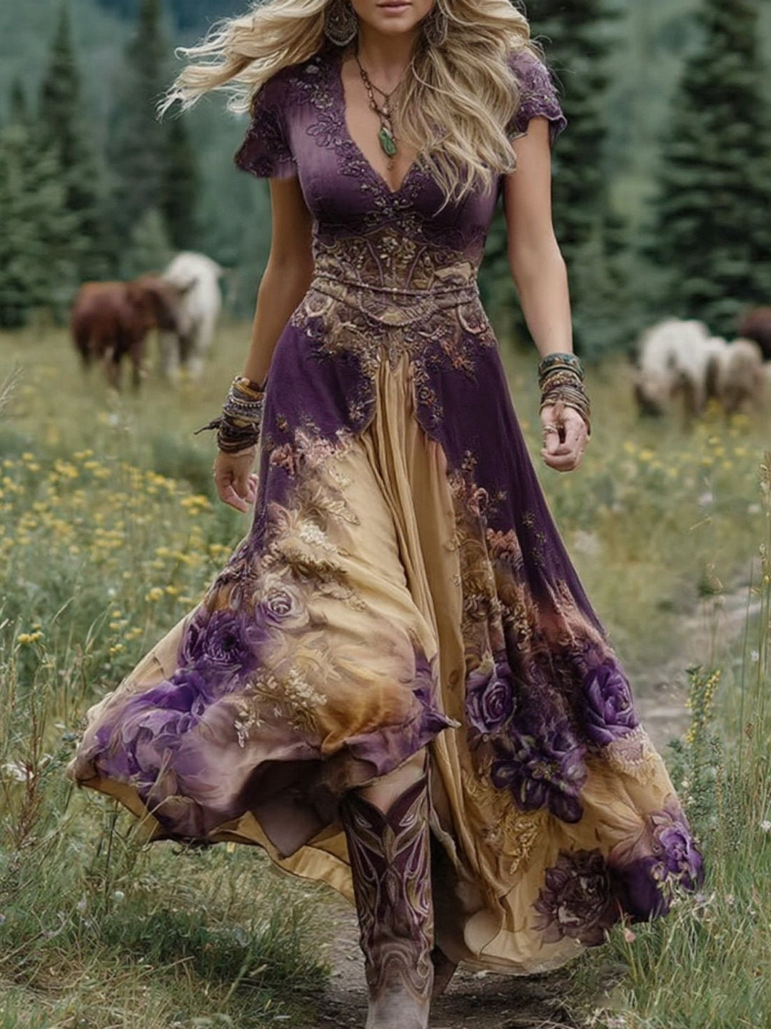 Flowing floral print V-neck maxi dress for women, featuring short sleeves, ideal for elegant summer wear.